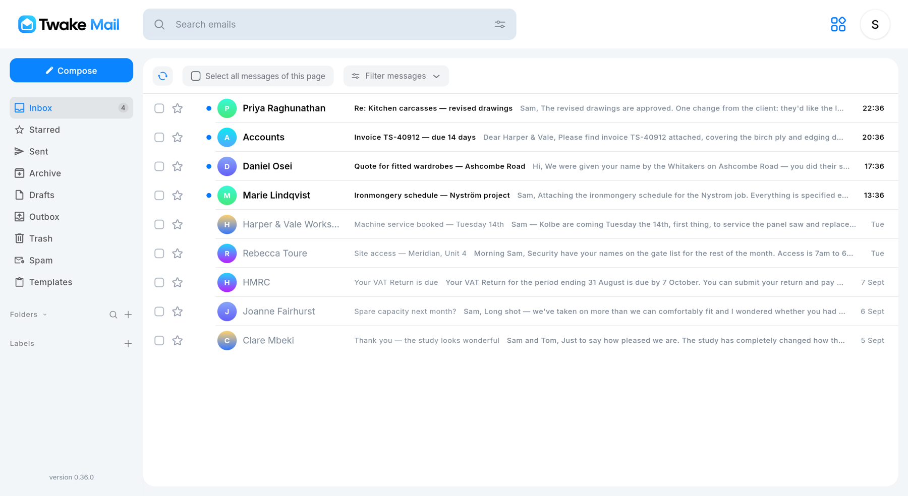 The Kiteware Email inbox in a browser, listing messages from clients and suppliers