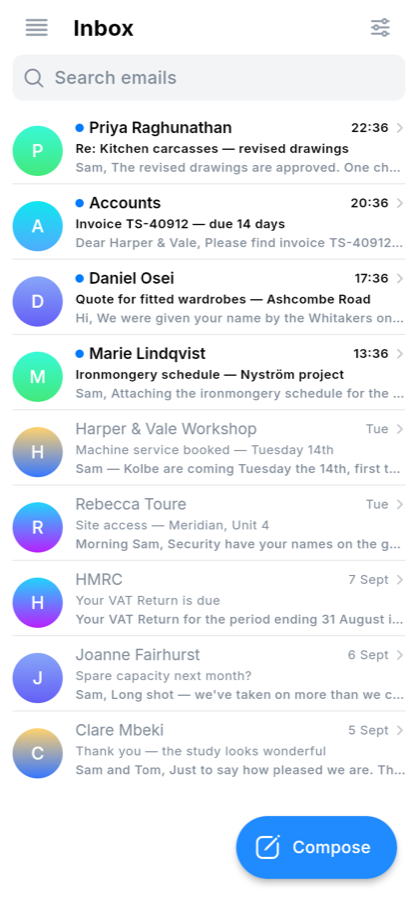 The same Kiteware Email inbox on a phone