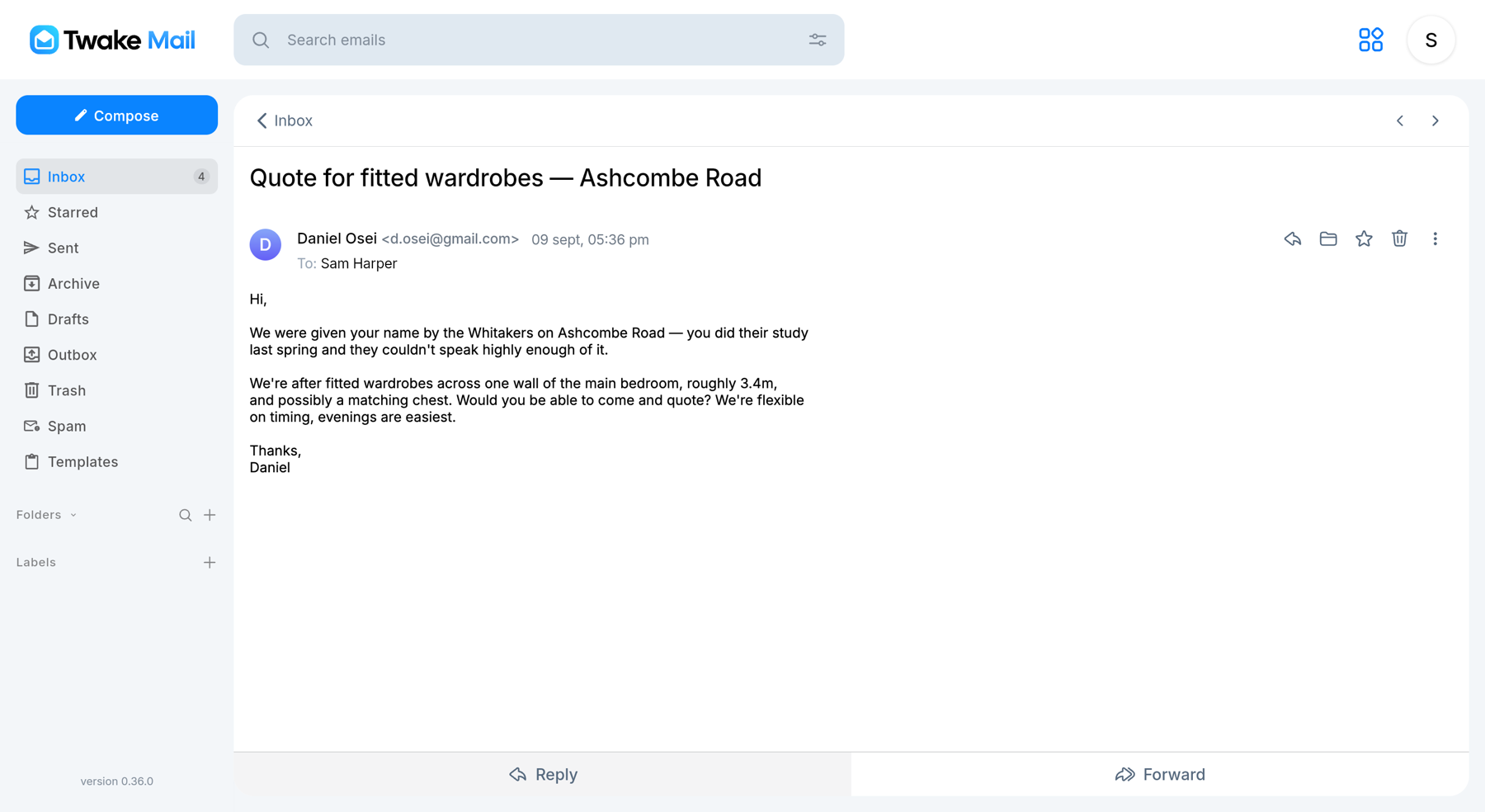 Reading a customer enquiry in Kiteware Email, with reply and forward controls